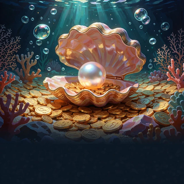 Otwarta muszla z lśniącą perłą na dnie oceanu wśr&oacute;d złotych monet, morski motyw slotu