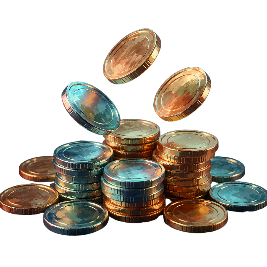 Stosy grubych złotych i stalowych monet z monetami spadającymi w powietrzu - Crypto Welcome 200% do 3000 USDT
