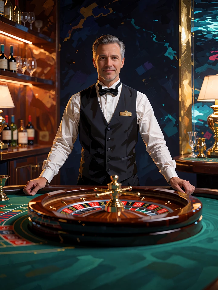 Krupier w białej koszuli i kamizelce przy stole do ruletki na żywo w prywatnym salonie Millioner Casino